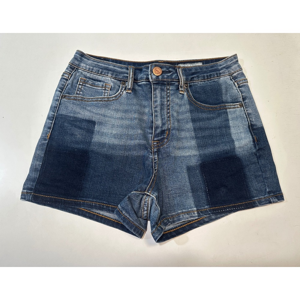Aeropostale Patchwork Denim Shorts Women Sz 6 Blue High Waisted Midi Colorblock
